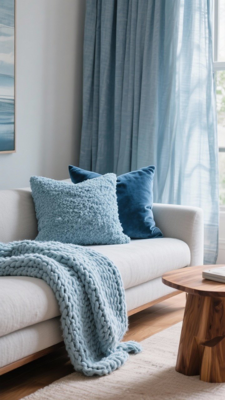 Medium shot: A sofa styled with layered glacier blue textiles—chunky knit throw in pale glacier draped over the arm, bouclé and velvet pillows in deeper ice-blue tones, and whispery blue-gray linen curtains behind for movement. Warm base palette accents in camel and walnut wood side table. Soft, warm natural light. Photorealistic, three-quarter angle.