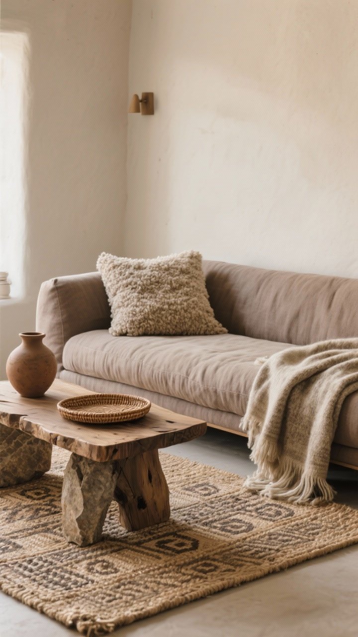 Medium shot: A texture-forward seating vignette—linen sofa in taupe with a wool throw draped casually and a nubby bouclé pillow, jute rug layered under a smaller patterned flatweave, stone side table beside a raw-edge wood coffee table; include rattan tray and clay vase; soft, warm lighting emphasizing tactile surfaces, curated not chaotic.