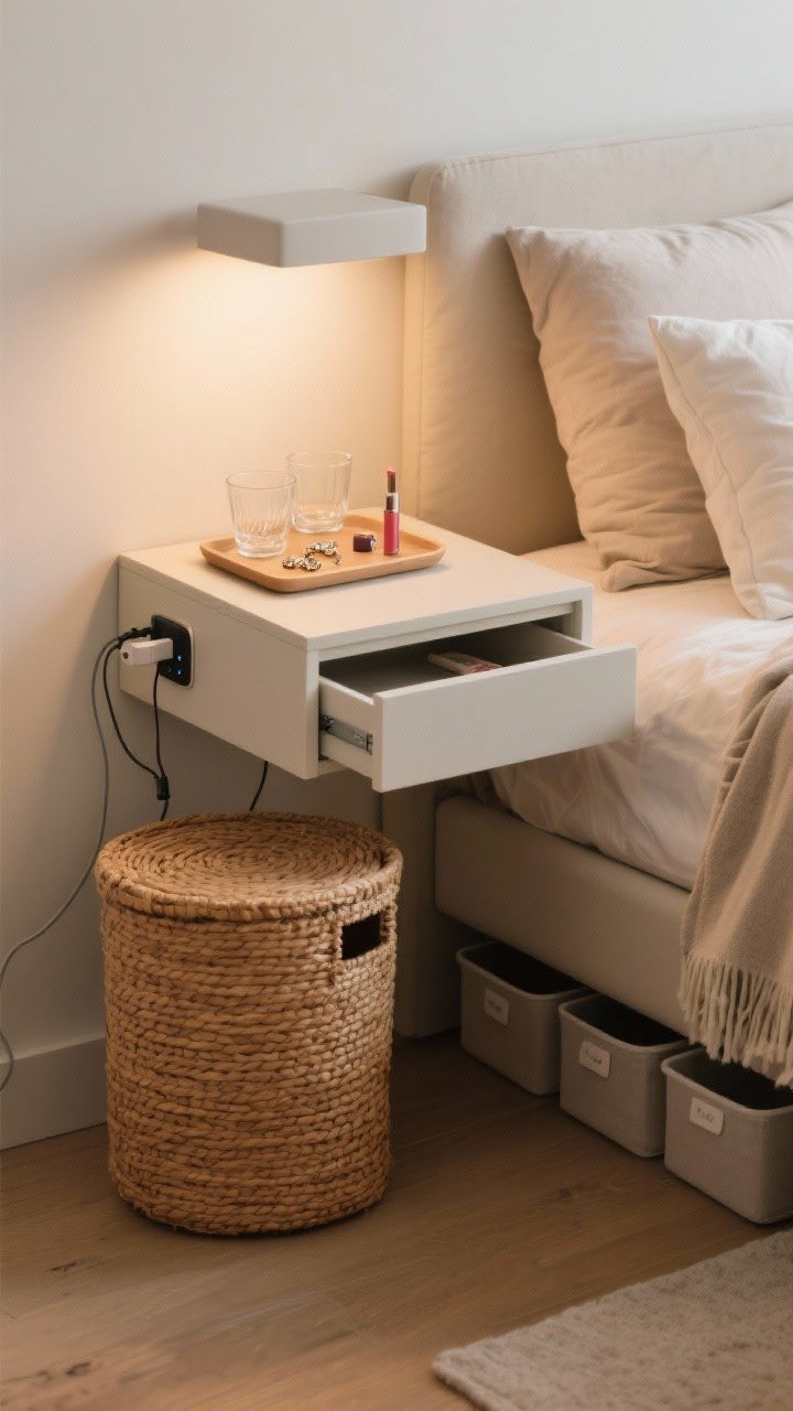 Medium shot: A tidy bedside zone designed for real life. A slim nightstand with a shallow drawer and a small tray holding glasses, jewelry, and lip balm; hidden cord management with a discreet cable clip leading to a docking drawer, keeping surfaces clean. A lidded woven hamper in warm natural fiber sits within arm’s reach. Under-bed storage bins barely visible under a low-profile bed. The scene suggests a five-minute reset: fluffed pillows, folded throw, clear nightstand. Corner angle, warm ambient light, photorealistic.