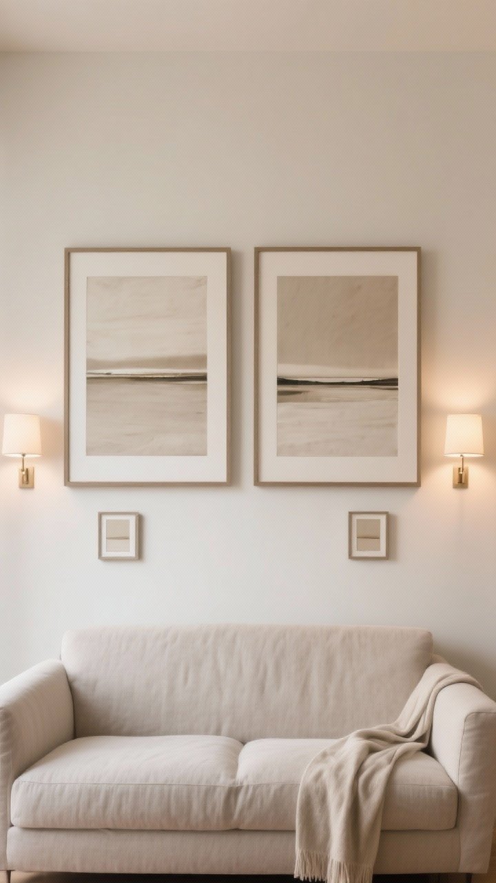 Medium shot above a sofa of “The Diptych + Minis”: two large, same-size artworks side-by-side with a crisp straight top line, neutral tones and similar color temperature; two small coordinating pieces float nearby within the same palette; frames matching and minimal; soft wall sconces casting warm, even light; linen sofa and subtle throw adding coziness without clutter.