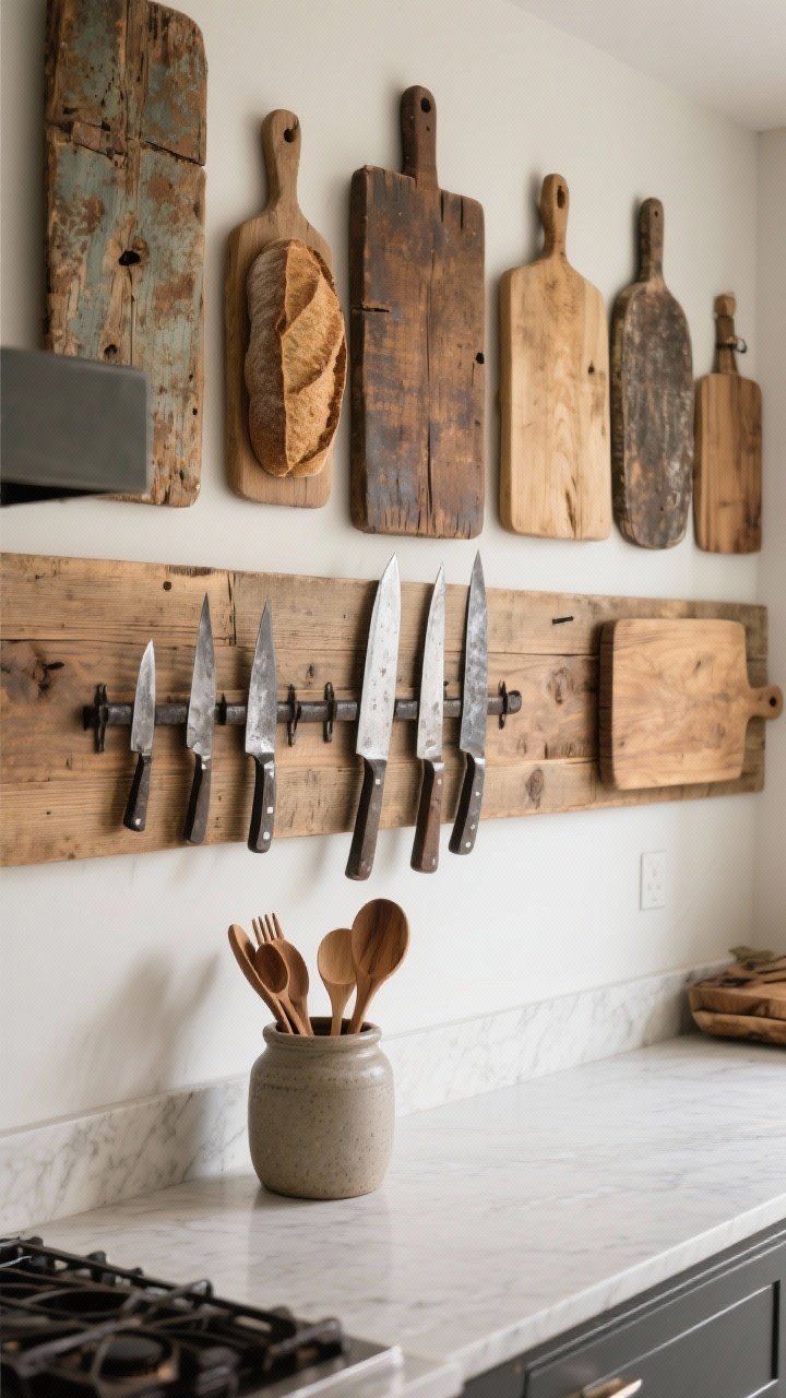 Medium shot, angled: A tool-as-art moment—board wall of old bread boards and cutting boards in varied sizes and patinas, a magnetic knife strip mounted on a wood backing displaying hand-forged knives, and a stoneware crock on the counter corralling wooden spoons; natural materials only, no plastic; crisp daylight emphasizing grain and steel sheen.