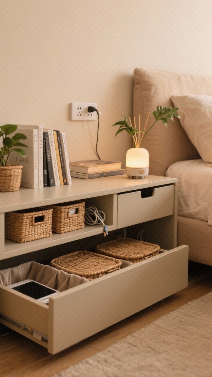 Medium shot at a corner angle: Calm, warm bedroom storage solutions hiding clutter—fabric or rattan under-bed bins partially visible beneath the frame, lidded baskets grouped on a low shelf for tech/skincare/misc, tidy bedside drawer organizers slightly open to reveal compartments, and discreet cord control with cable sleeves, stick-on clips, and a small power strip mounted under the nightstand. On display: only pretty items—books, a diffuser emitting a soft glow, and a single plant. Warm-neutral palette, photorealistic.