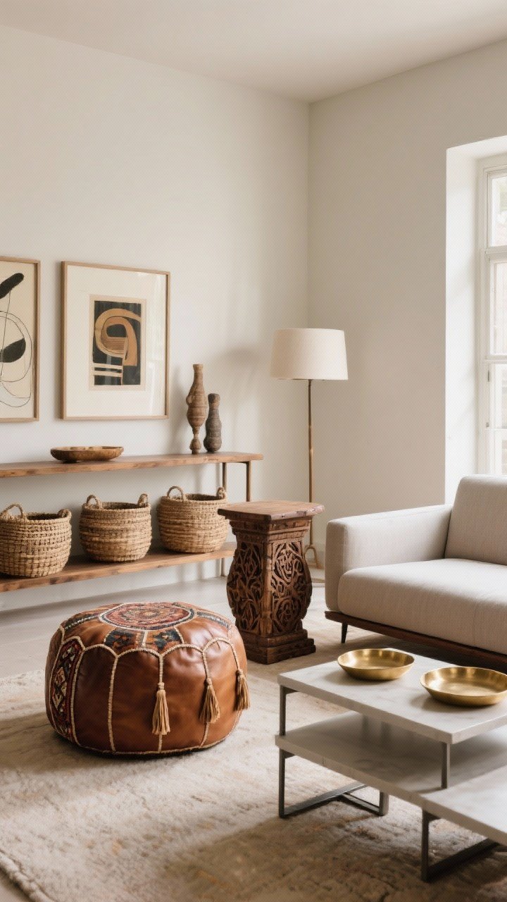 Medium shot: Blending old and new—vintage kilim ottoman paired with a modern low-profile sofa; a new leather pouf beside an antique, hand-carved wood side table; sleek nesting tables topped with a brass tray; woven baskets under a console and contemporary art prints above; handcrafted details like embossed leather and tassels visible, soft ambient light, slight corner angle for depth.