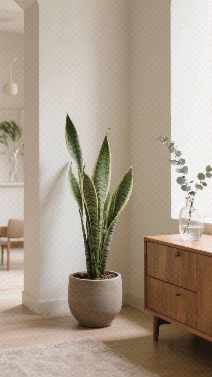 Medium shot bringing nature in gently: one medium snake plant in a matte ceramic pot placed near a corner to soften edges, a clear glass vase with a simple eucalyptus branch on a dresser; warm neutral room with restrained decor, soft daylight enhancing greenery, photorealistic.