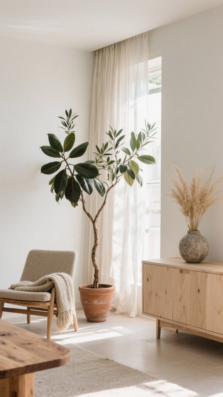 Medium shot bringing nature in without excess: a bright nook with sheer linen curtains filtering daylight, a sculptural olive tree in a clay pot, a rubber plant near a light ash sideboard; materials visible—linen drapes, wool throw on chair, oak table, stone vase with dried grasses; matte, natural finishes, no shiny plastics; one plant per zone restraint; tranquil, sunlit mood.