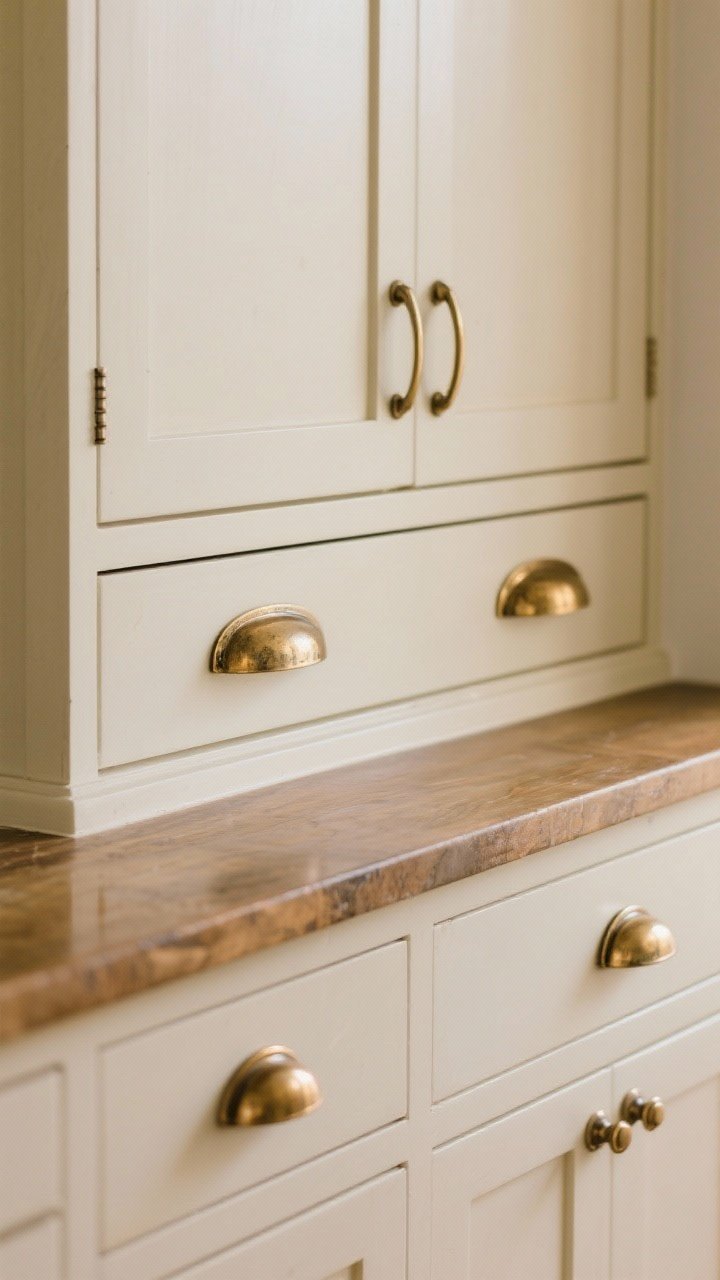 Medium shot: Cabinet hardware upgrade focus—unlacquered brass bin pulls on drawers, delicate latches on upper cabinets, and simple round knobs elsewhere, all installed with slot-head screws for authenticity. Subtle patina beginning on brass; cream cabinetry and wood countertop provide contrast. Lighting: soft ambient with slight reflection on metal. Angle: straight-on crop to emphasize hardware layout.