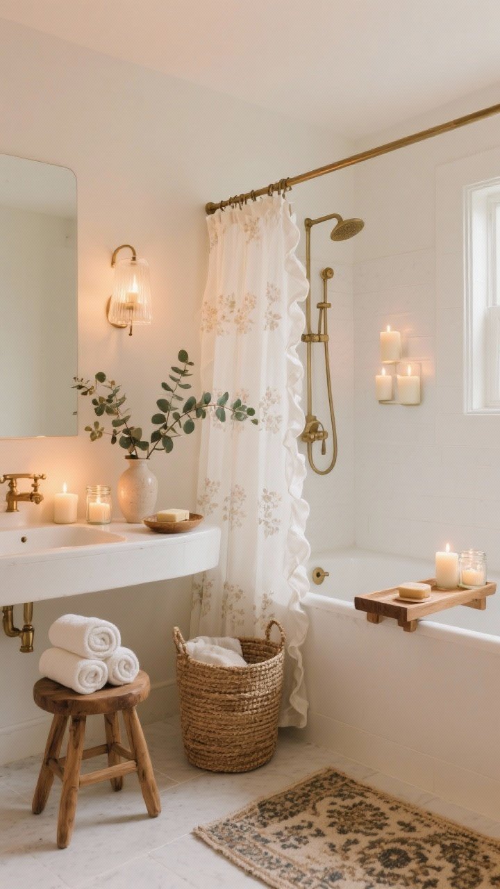 Medium shot, Candlelit Bathroom Retreat: bathroom in creamy whites with brushed brass fixtures and natural textures; a ruffled shower curtain (delicate floral optional), a small wooden stool holding rolled towels, woven hamper beside, and a wood bath tray across the tub; frosted sconces glowing plus multiple candles in simple glass jars; eucalyptus branches in a vase, handmade soap on a dish, and a small vintage-pattern mini rug; warm candlelit ambiance with soft highlights, photorealistic, slight angle.