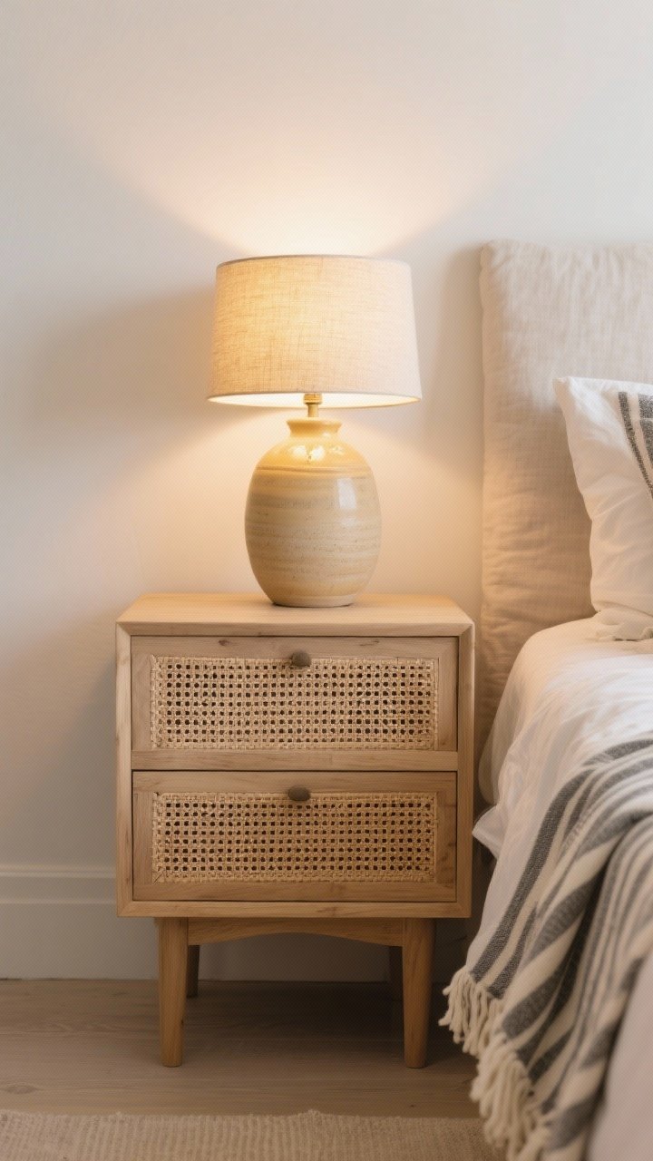 Medium shot: cane-front drawer nightstand in light oak with woven rattan panels adding natural texture, paired with linen bedding and a casually draped striped throw, warm white bulb (2700K) glowing inside a ceramic lamp for a soft golden ambiance, subtle coastal-meets-farmhouse vibe, shot straight-on to highlight pattern of the cane, photorealistic.
