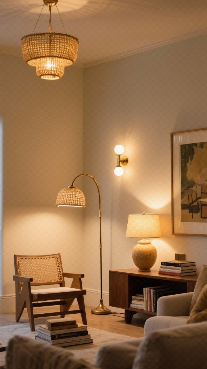 Medium shot capturing layered lighting: A living room corner showing three light types. Ambient: a chandelier or flush mount with a diffused shade in aged brass or woven rattan. Task: an arched floor lamp over a reading chair and a table lamp on a sofa console. Accent: a picture light above framed art and a glowing ceramic lamp atop a stack of books. Use dimmer-level warm bulbs (2700–3000K) to create cozy golden illumination, five visible light sources total, no people, photorealistic.