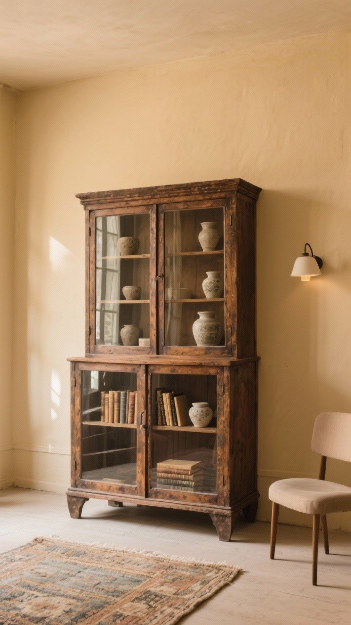 Medium shot centered on a single hero antique: a glass-front hutch with rich patina standing against a warm cream wall, styled minimally inside with stoneware and vintage books; surrounding decor kept airy to let it breathe—subtle rug, simple chair nearby; tones and finishes in the room echo the hutch’s wood for cohesion; warm ambient lighting with gentle highlights on the glass; straight-on, photorealistic.