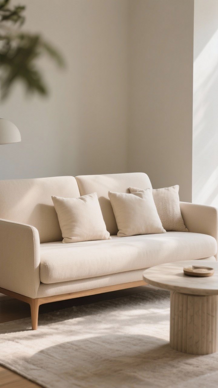 Medium shot centered on a statement sofa: a neutral, structured performance fabric sofa in bisque with low-to-mid back height, 22–24" seat depth, slim wood legs; styled with two oversized square pillows and one lumbar only; plinth-base coffee table nearby for contrast; soft afternoon light, calm, comfortable vibe, minimal accessories.