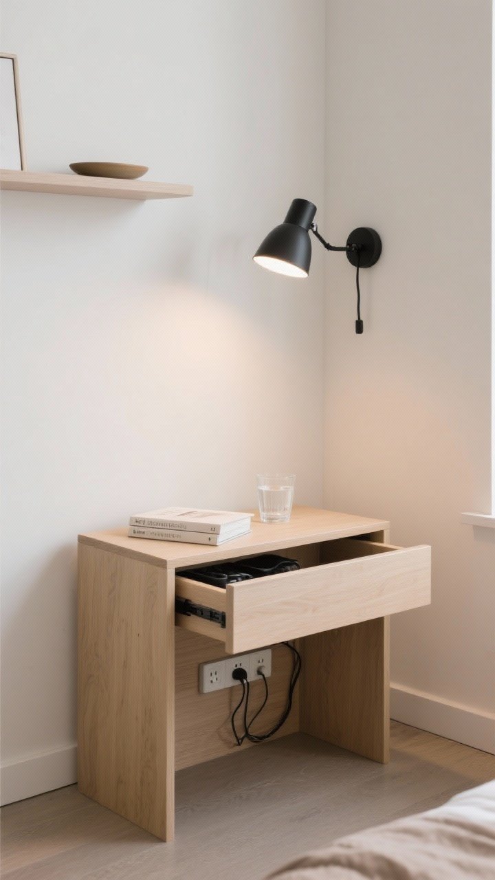 Medium shot, corner angle: A narrow bedside setup with a skinny 14-inch-wide chest acting as a nightstand, showcasing a charging drawer slightly open to reveal a tucked power strip and hidden cables; above, a wall-mounted floating shelf holds a small dish, a single book, and a glass of water, paired with a matte black swing-arm sconce to replace a table lamp. Clean surfaces, minimal decor, soft warm task lighting, and a cohesive neutral palette with light wood and white.