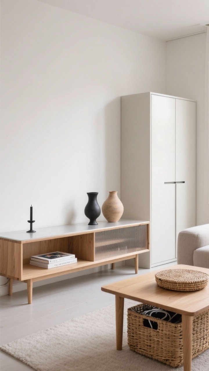 Medium shot, corner of a Scandi living room styled after a declutter: a light oak console with a clear surface holding exactly three intentional items—a hand-thrown ceramic vase, a small matte black sculptural candle, and a single art book; nearby a coffee table with lidded rattan basket underneath for hidden cables/remotes; a slim closed cabinet with handleless fronts; ample negative space around pieces; soft daylight bouncing off off-white walls; calm, curated mood with breathing room; no clutter anywhere.