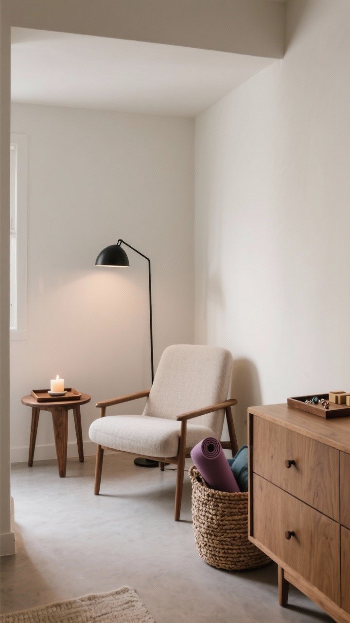 Medium shot, corner perspective: A tiny ritual zone reading nook—slim, modern chair in neutral upholstery, a minimalist black floor lamp, and one small wooden side table with a tray holding a candle and a small dish; nearby dresser top styled with just a tray for jewelry; a woven basket discreetly holding a yoga mat and blocks; tidy, functional, soothing lighting.