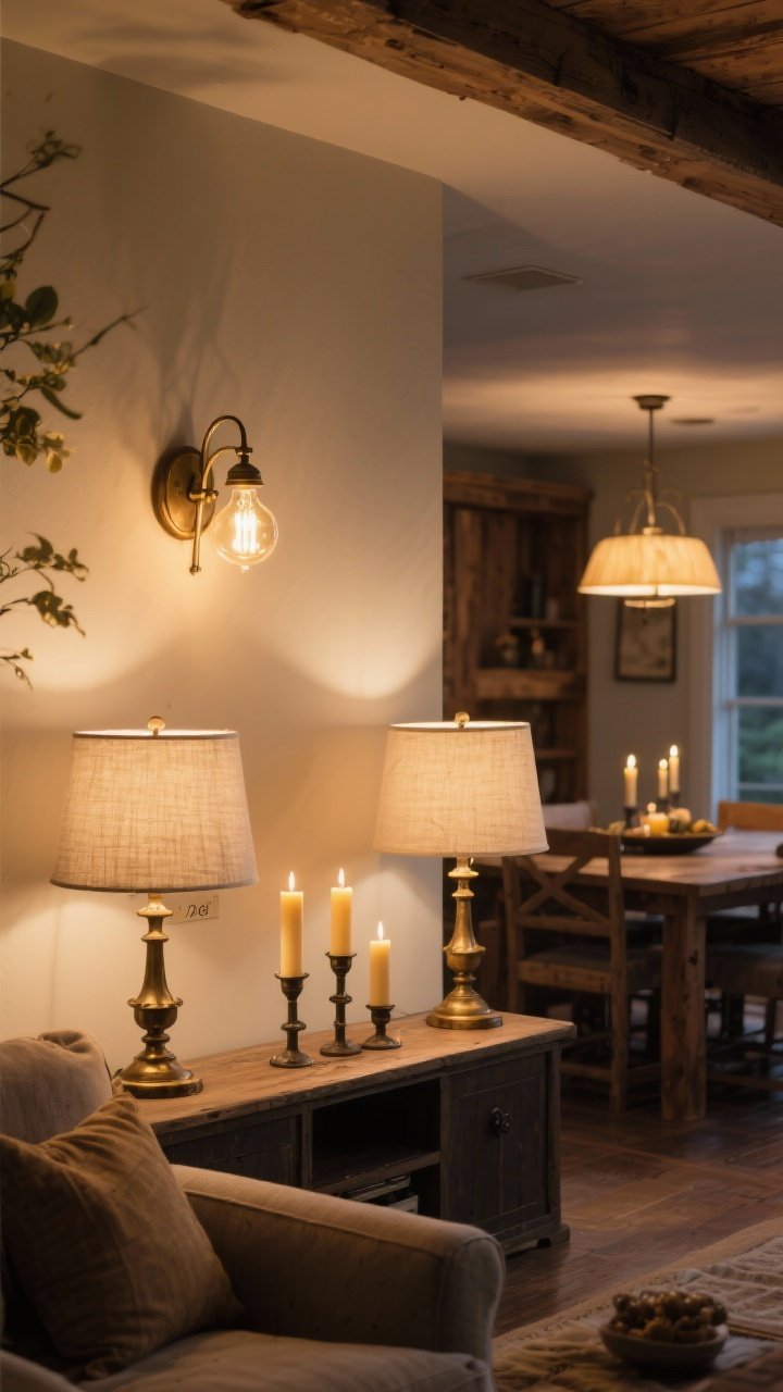 Medium shot: Cozy, low-slung layered lighting in an evening living room—table lamps with linen shades on a console, iron or brass bases, and a wall sconce; bulbs at 2700K casting a soft golden glow; beeswax taper candles lit on the dining table in the background; wooden accents tie in the farmhouse mood; ceiling light off to emphasize ambient calm.