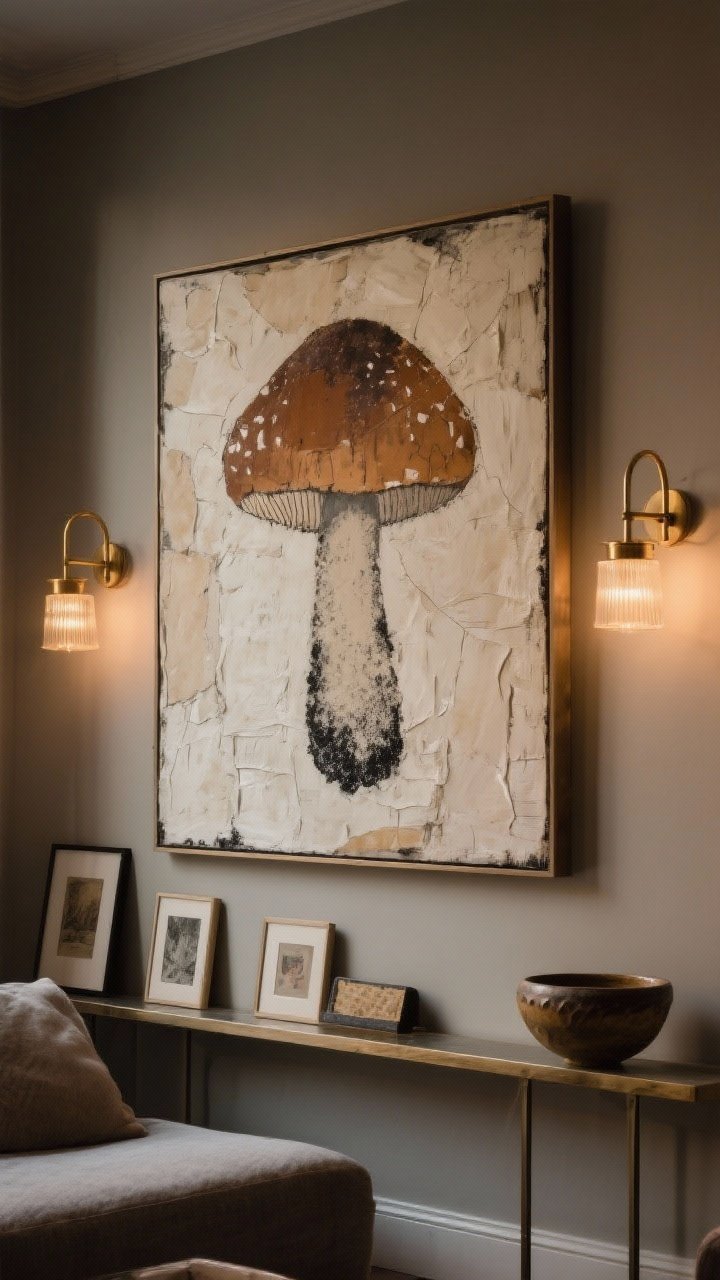 Medium shot creating a mood-first focal moment: a large-scale neutral abstract textured canvas (creams, caramels, mushroom with a dusting of charcoal) as the anchor on a warm greige wall; warm brass sconces flanking the piece for an inviting glow; supporting textures around it—thin picture rails below with layered small art and a ceramic bowl; overall palette tight and cozy; lighting dimmed to a soft, moody evening ambiance; photorealistic, no people.