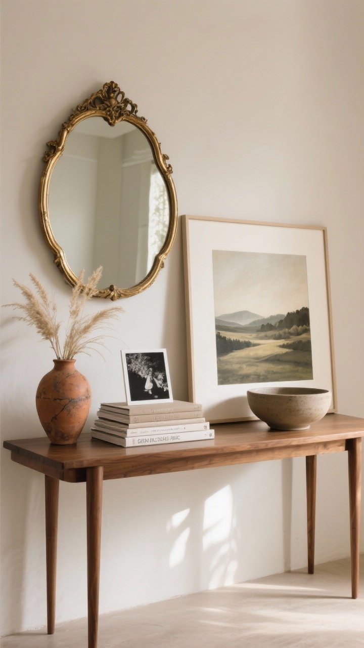 Medium shot: Curated, calm console display—an antique brass framed mirror above a slender wood console; one oversized serene landscape art leaning, paired with a black-and-white photo; stacks of neutral-toned design books, an aged terracotta vase with dried grasses, and a stoneware bowl; negative space around each object to avoid clutter; warm, natural light creating soft shadows; straight-on view for a gallery-like feel.