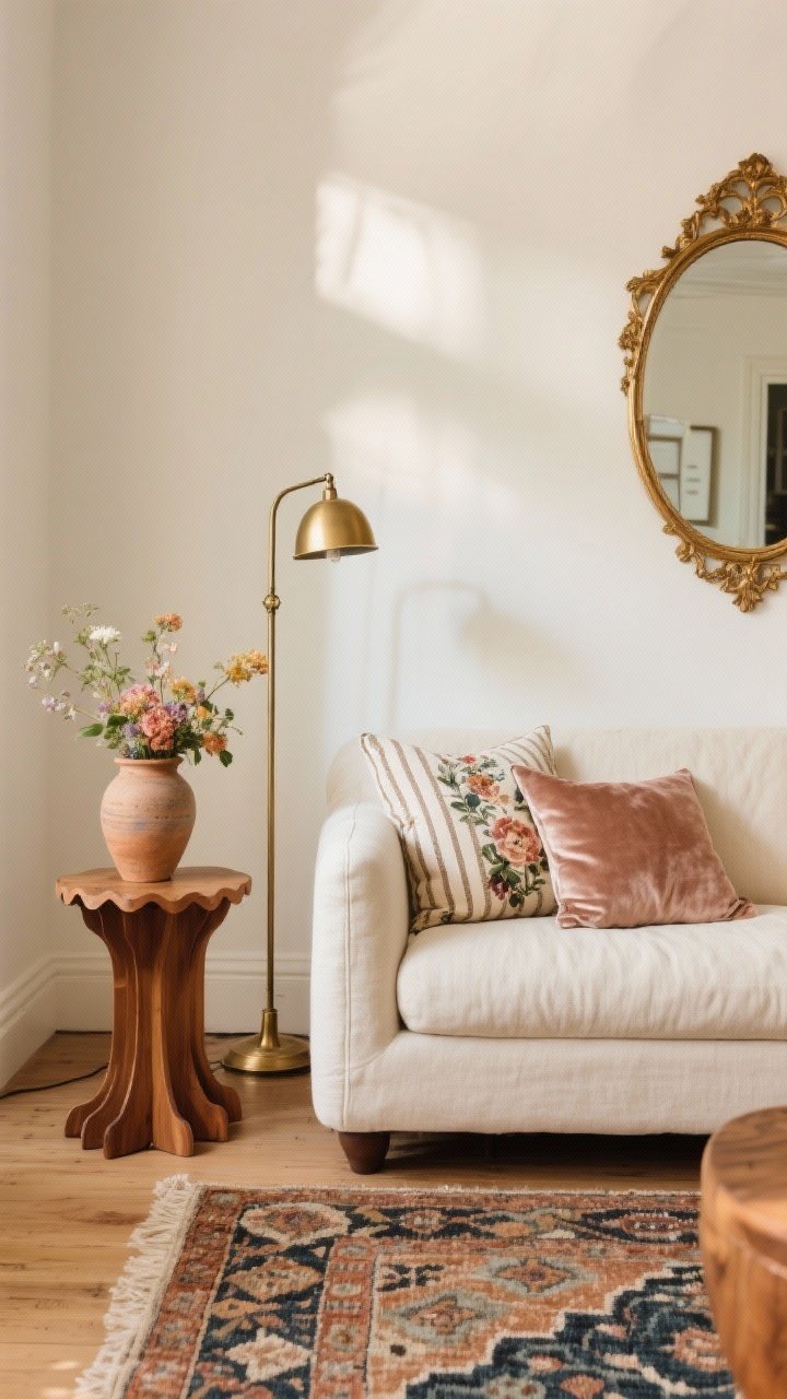 Medium shot, curated living room vignette illustrating the “One-of-Each” rule: a cream linen sofa (solid) with one floral pillow, one striped pillow, and one solid velvet pillow; a brass floor lamp (metal), a warm mid-tone wood scalloped side table (wood), and a hand-thrown ceramic vase with flowers (ceramic). Include a bold patterned rug partly visible, and a vintage grandmother-style gilded mirror on the wall as a conversation starter. Soft, warm natural light; balanced composition with breathing room so each piece has a clear role.
