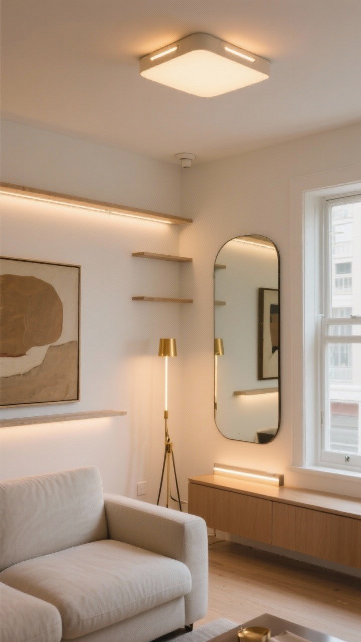 Medium shot: Designer lighting layers in a small minimalist living room—ambient, task, and accent. A slim flush-mount ceiling fixture on a dimmer provides warm 3000K glow; a brass floor lamp stands by the sofa for task lighting; a slim picture light highlights a single oversized artwork above a console; discrete LED strips softly wash built-in shelves. A large mirror opposite a window bounces natural light across warm white walls, visually widening the room. Calm, cozy illumination with gentle contrasts.