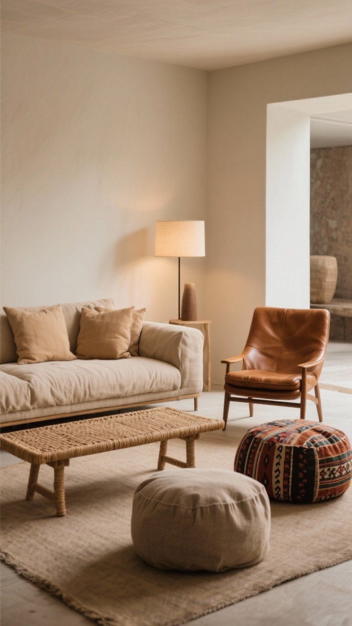 Medium shot: Earthy, comfortable seating—low-profile linen sofa with slouchy cushions in a warm sand tone, paired with a single structured leather armchair in cognac; a woven bench replaces an ottoman; kilim pouf nearby; matte, natural-looking fabrics, relaxed yet modern; warm ambient light.