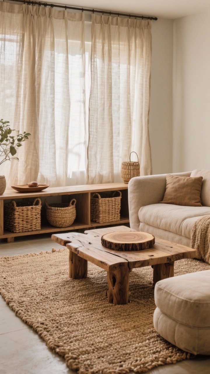 Medium shot emphasizing natural materials: linen curtains filtering light, jute or seagrass rug as a base layer, a raw wood coffee table paired with a plush sofa; rattan baskets for storage under a console and a wood slice tray on top; balanced contrasts between chunky rug and smoother ottoman; warm, grounded, organic mood.