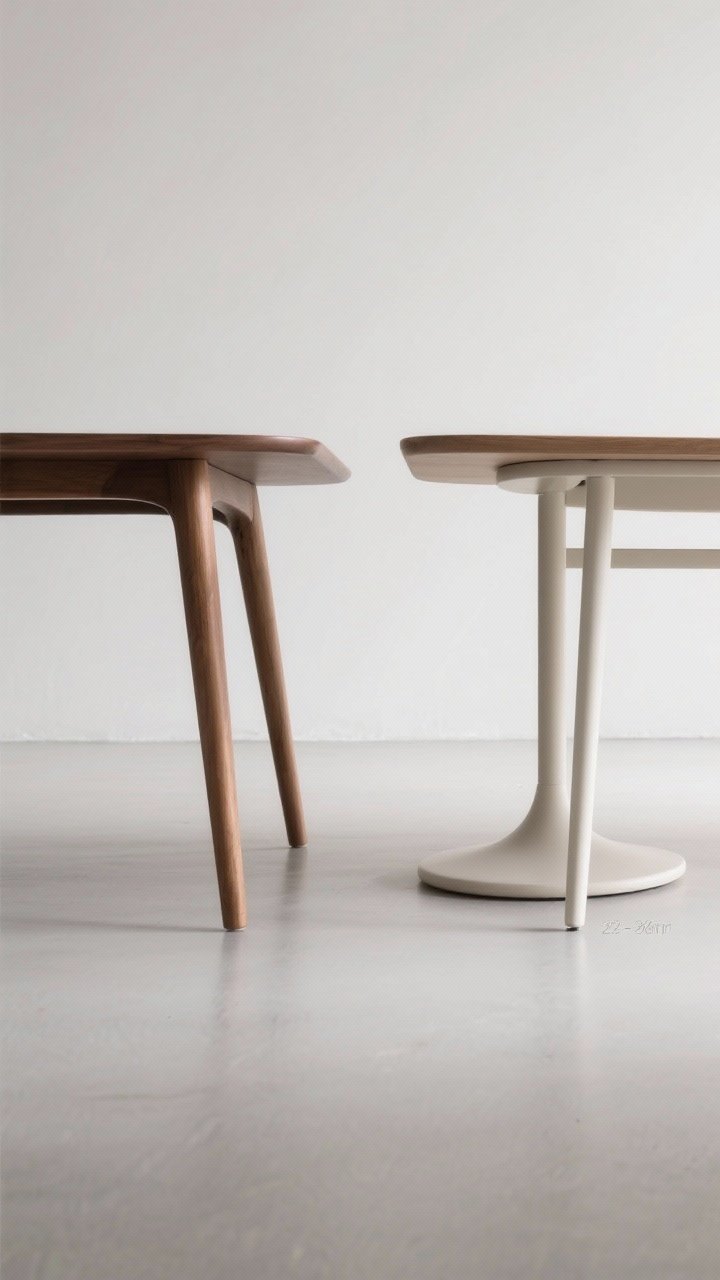Medium shot: focus on table bases and leg styles—two tables side by side in a studio-like setting: one with tapered angled legs (mid-century Scandi), one with a pedestal base for a round top, and one with a sled/base frame for a long rectangular table; camera at seat height to show generous apron clearance of 25–26 inches from floor to underside; clean, minimal background; natural diffuse light accentuating legroom and minimal visual noise.
