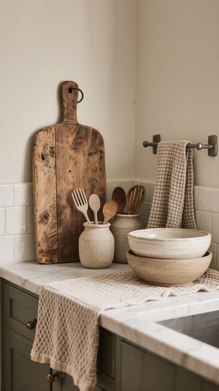Medium shot focused on layered textures along a countertop and backsplash: a reclaimed wood vintage breadboard leaning against a painted wall, stoneware crocks holding utensils, ceramic mixing bowls stacked nearby, linen runner on the counter edge, waffle-weave towels draped on a hook, matte metal accents, warm neutral palette, soft diffused daylight emphasizing texture transitions from rough wood to smooth ceramic to soft textiles