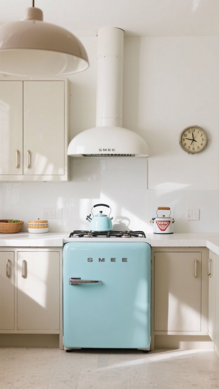 Medium shot focusing on a retro appliance moment: a robin’s-egg-blue Smeg-style refrigerator as a statement centerpiece, flanked by neutral cabinetry; a rounded vintage-style range hood in white above a classic white range; small retro accessories like an enamel kettle and a diner-style clock on the wall; even, bright daylight for a cheerful, old-school feel, photorealistic.