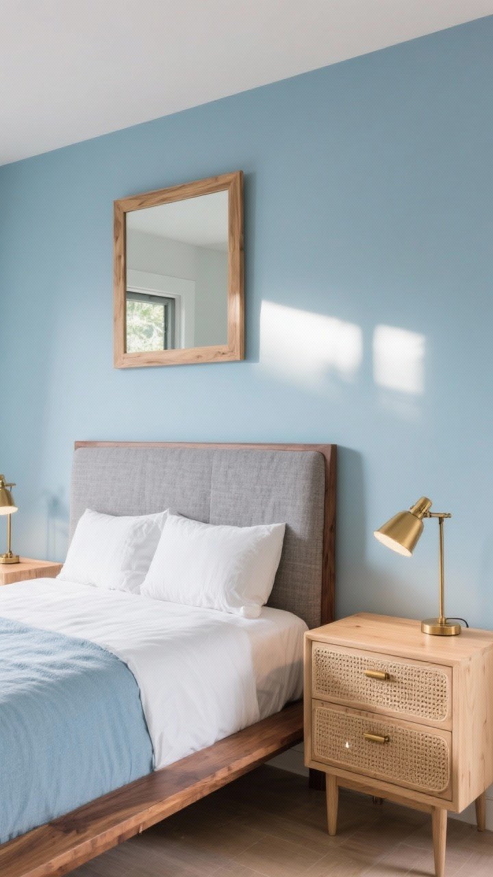 Medium shot focusing on materials: light oak or rattan nightstands flanking a bed, brushed brass lamps and drawer pulls adding warm glow, and either an upholstered heathered-fabric headboard or a walnut/wood platform bed to ground the cool blues; include a wood-framed mirror on the wall to bounce light; gentle afternoon light warming the natural woods against frosted blue accents for balance.
