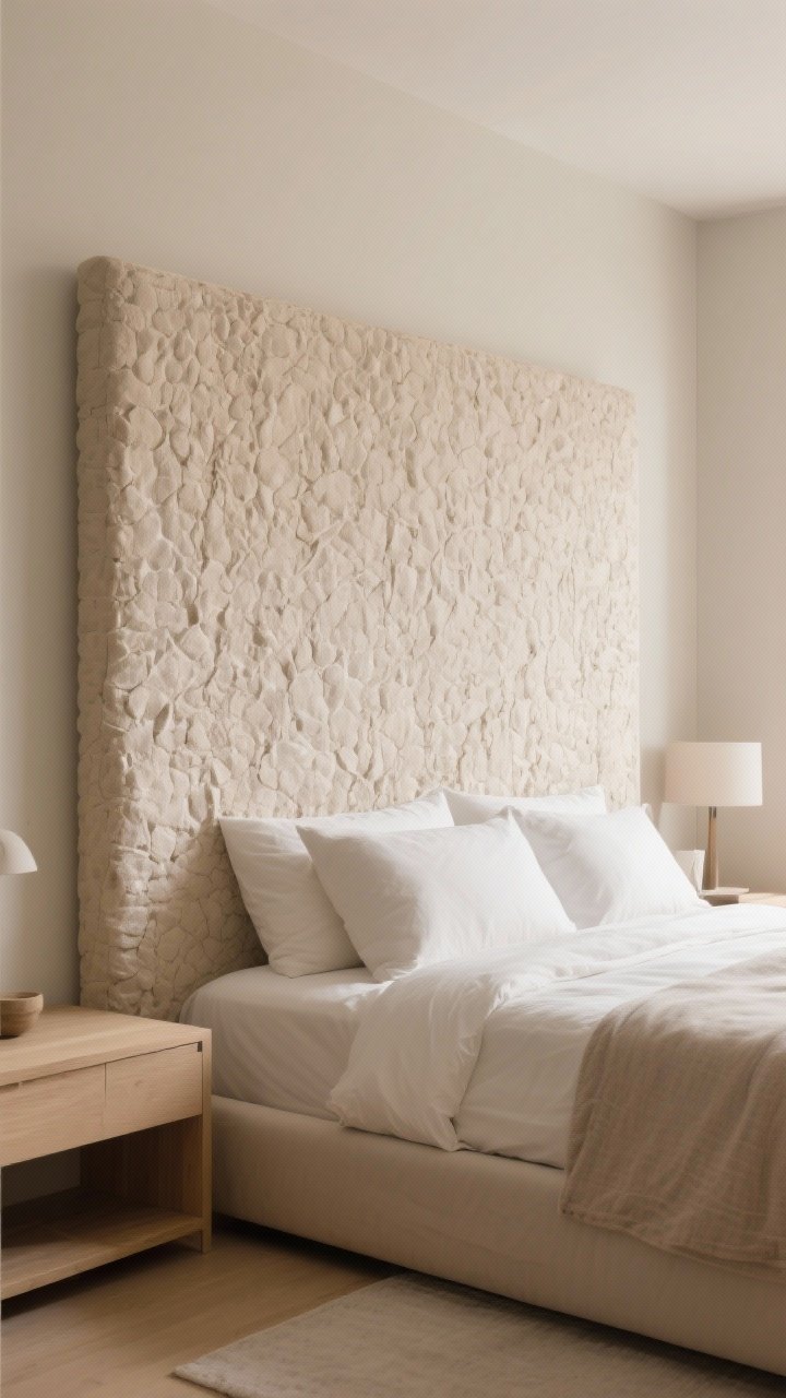 Medium shot focusing on one statement piece: an oversized neutral-toned textured headboard as the hero, with the rest of the room whispering—simple bedding, minimal decor, light wood furniture; large-and-simple scale, within a warm neutral palette; soft natural light, photorealistic.