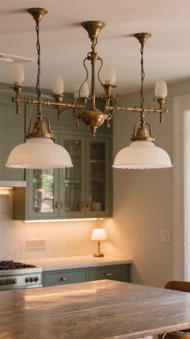 Medium shot focusing on statement vintage lighting: a pair of oversized milk glass schoolhouse pendants over a table, patinated brass chandelier reflected softly in a nearby glass-front cabinet; layered lighting visible—overhead pendants, under-cabinet strips, and a small lamp on the counter; everything on dimmers for a warm, old-soul glow; straight-on composition for symmetry.