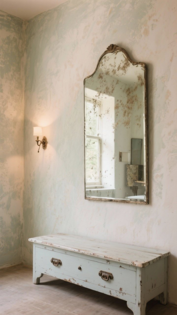 Medium shot focusing on timeworn finishes: limewashed walls with subtle mineral movement, an antique mirror with foxed glass reflecting soft room tones; a painted bench with lightly sanded, distressed edges and old drawer pulls showing natural tarnish; restraint shown with just a few patina-rich accents; warm, indirect light to emphasize matte surfaces; photorealistic, no people.