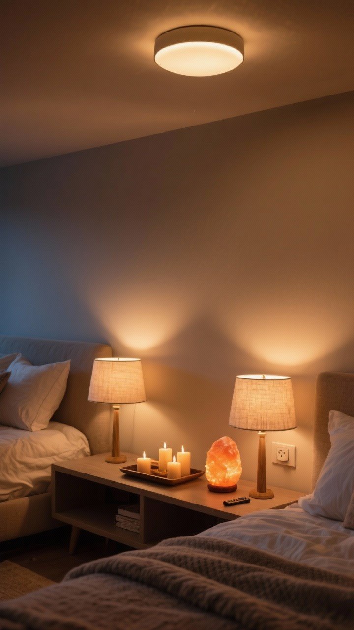 Medium shot from a corner angle: A hygge bedroom lighting vignette at dusk with layered warm lighting. Ambient: a dimmable ceiling fixture glowing at 2700K. Task: matching bedside table lamps with soft fabric shades casting gentle pools of light on each nightstand. Accent: a few LED candles clustered on a small tray, plus a Himalayan salt lamp glowing amber on a low shelf. Smart plugs implied by a single switch remote on the nightstand. No harsh overhead glare; the scene feels enveloping, with warm-toned illumination and shadows that invite winding down.