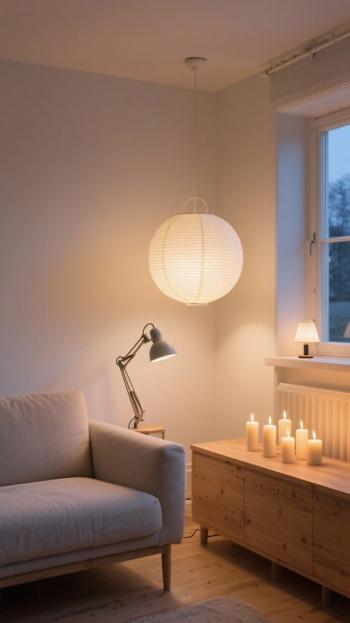 Medium shot from a corner angle: A Scandi living nook with layered warm lighting—paper lantern pendant providing ambient glow, an adjustable task lamp beside the sofa, and a tiny lamp on a windowsill; unscented candles grouped on a console for added warmth; bulbs at 2700K–3000K casting a soft, cozy atmosphere; pale wood and white backdrop, no overhead glare, photorealistic evening scene.