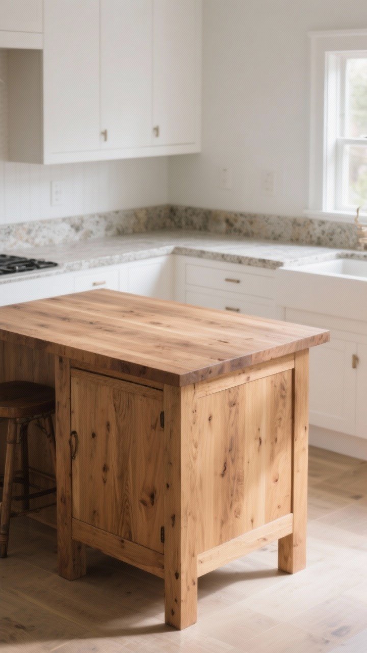 Medium shot from a corner angle: A warm wood island in natural matte-finished oak with furniture-style legs and paneling, topped with a butcher block surface, set against a white perimeter with stone countertops. The two-tone palette (white perimeter, wood island) anchors the room. Subtle morning light highlights the grain of the oak; surrounding elements are calm and minimal. No people, photorealistic.