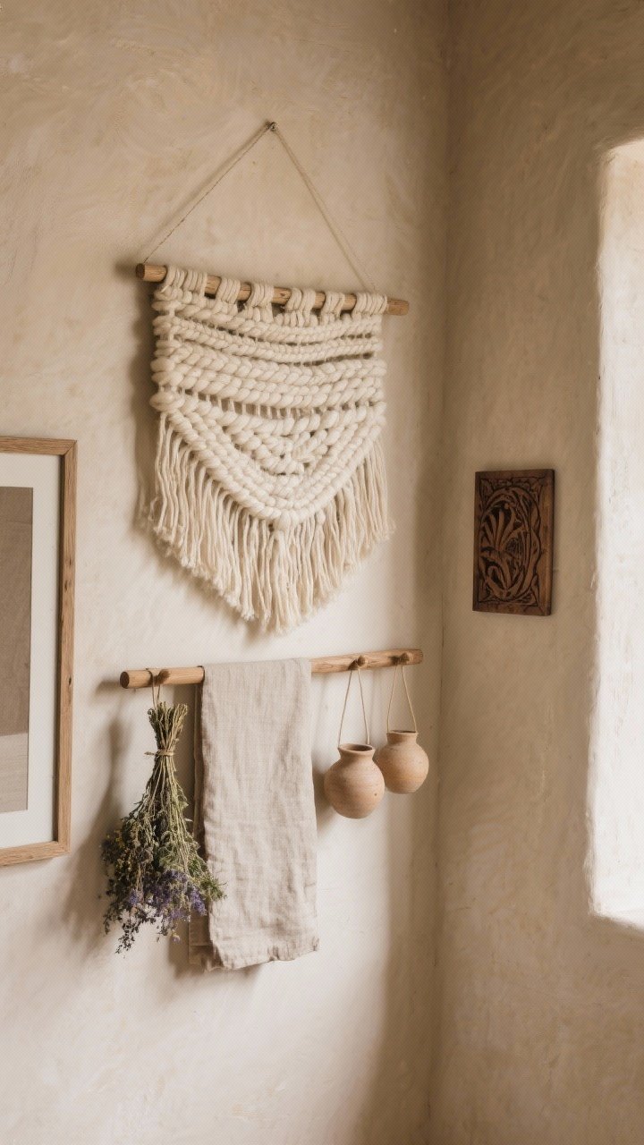 Medium shot from a corner angle focusing on layered textures: a warm neutral painted plaster wall with a large woven wool wall hanging (ivory and oatmeal) centered, a slim natural wood peg rail below holding a bundle of dried herbs and a soft linen tea towel, a framed raw linen fabric panel next to a small carved wood relief panel, and two petite wall-mounted ceramic/clay vessels; soft natural side light to emphasize tactile depth; balanced mix of soft and structured elements.