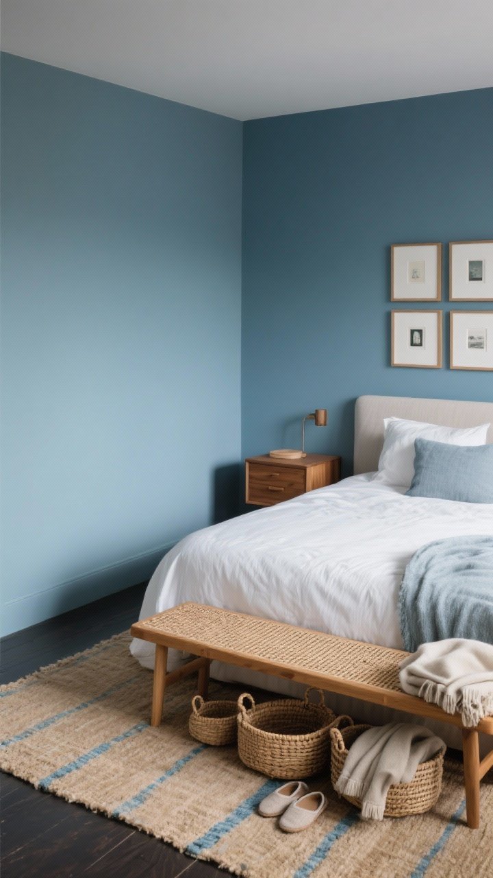 Medium shot from a corner angle: Glacier blue room warmed by natural materials—light oak or walnut nightstands flanking the bed, rattan or caned bench at the foot, woven baskets holding throws and slippers, wooden picture frames with matte prints forming a quiet mini gallery; a warm-toned rug in oat/beige with faint glacier blue threads bridging darker flooring; soft, cozy ambiance, no people.