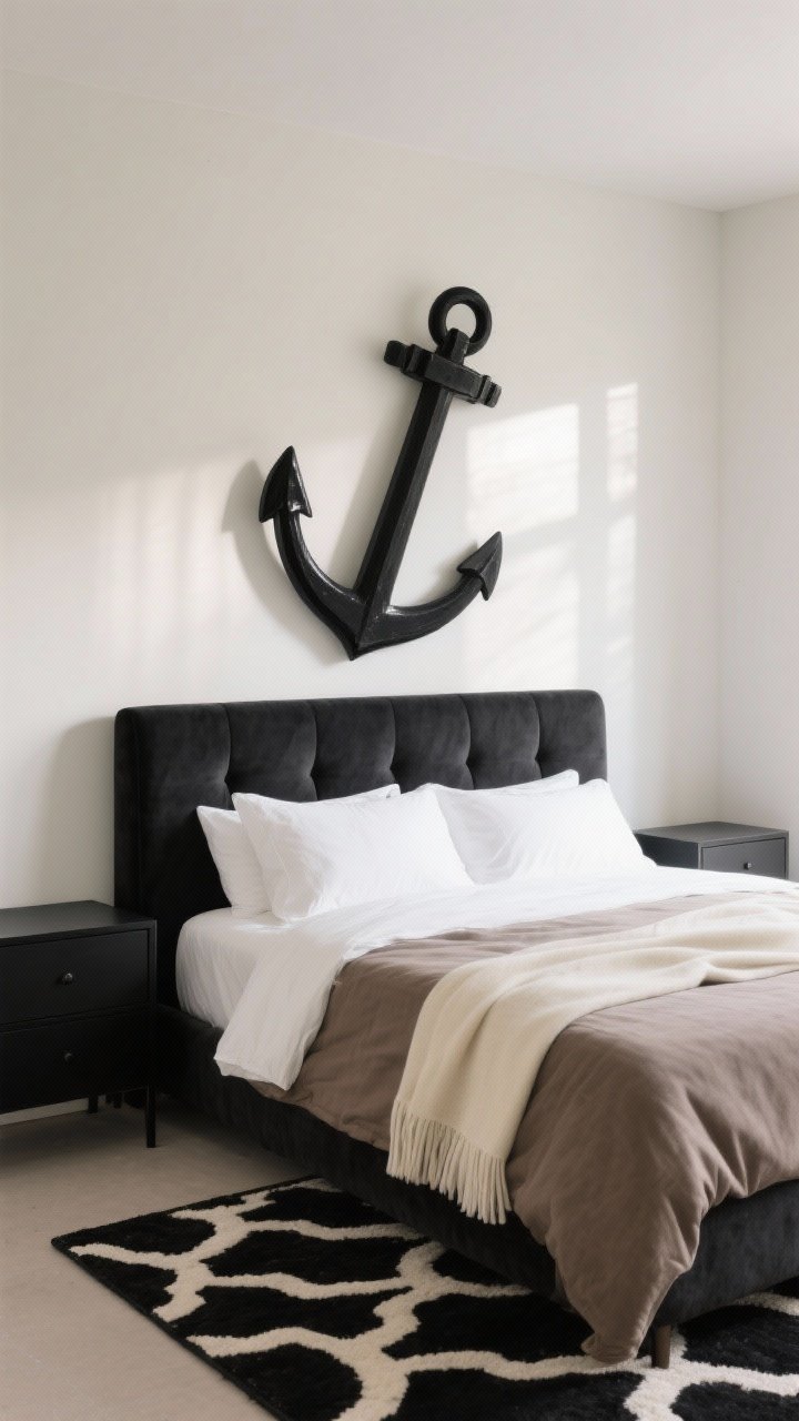Medium shot from a corner angle highlighting a single black anchor: a matte black upholstered headboard bed as focal point. Balance it with crisp white sheets, a taupe coverlet, and a cream throw layered neatly. At the foot, peek of a black-and-ivory patterned rug grounding the space; alternatively, a matte black dresser or nightstands visible to one side. Neutral walls, minimal decor, calm and intentional styling. Soft morning light with gentle shadows to emphasize the anchor’s presence.