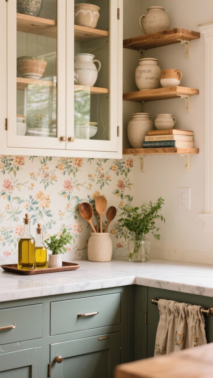 Medium shot from a slight corner angle showing “open-shelf energy” without removing cabinets: inside cabinet doors lined with peel-and-stick floral wallpaper revealed through glass fronts, over-cabinet wood risers elevating stoneware jars, pottery, and cookbooks; on the counter, a tray vignette with oil decanters, wooden spoons, and a tiny vase of fresh herbs; a couple of lower cabinets disguised with clip-on café curtains on tension rods; warm, homey lighting.