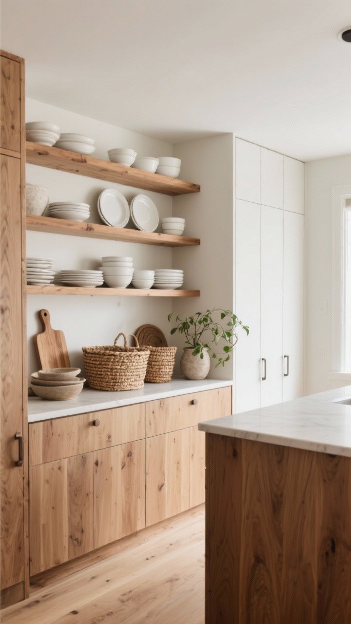 Medium shot from an angled perspective: Practical open wood shelving at 9–10 inches deep paired with closed cabinetry. Shelves display white everyday plates and bowls, stoneware pieces, stacked cutting boards, woven baskets, and a small trailing plant in a simple vessel. Wood tone matches the island/floor for cohesion. Natural daylight, minimal clutter. No people, photorealistic.