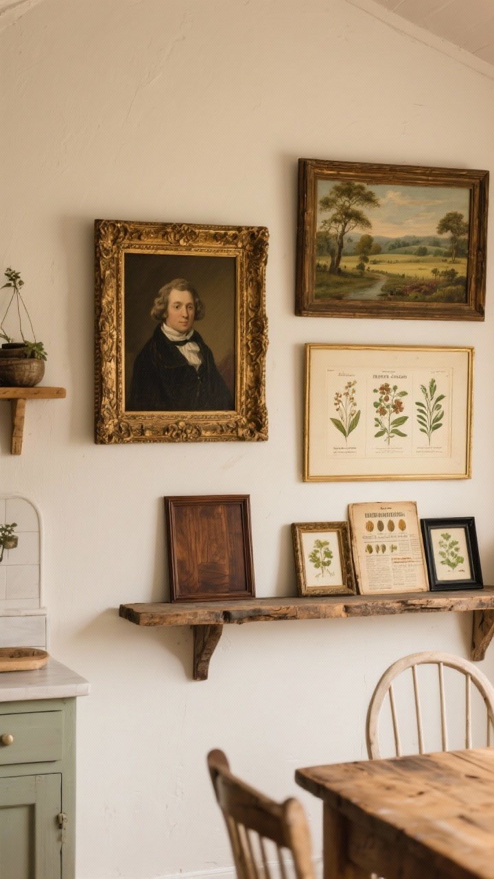 Medium shot, gallery wall: A farmhouse kitchen wall styled with antique art—a quirky 19th-century portrait in a gilt frame alongside a pastoral oil landscape, vintage botanical prints, and an old seed catalog; frames varied but tonal in walnut, matte black, and antique gold; smaller pieces layered on a reclaimed wood shelf, larger work near a cozy dining nook; warm, diffused light.