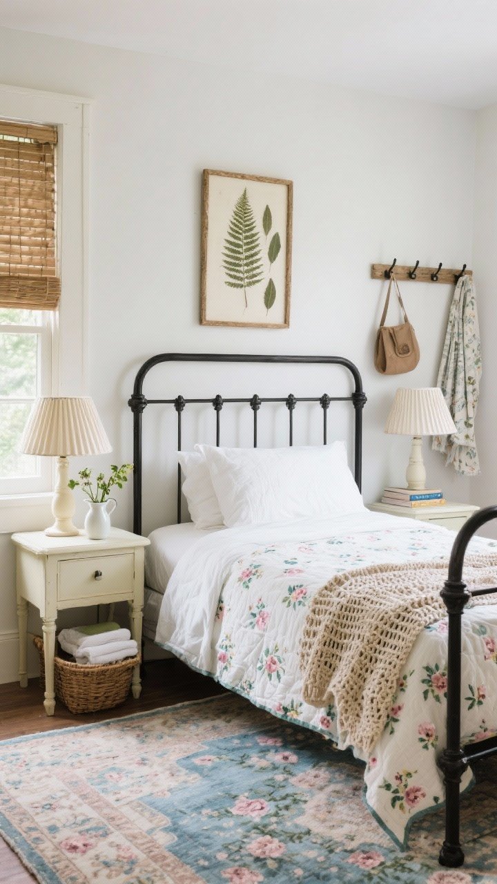 Medium shot, Garden-Inspired Guest Room: matte black metal bed frame dressed in white sheets, a quilt in ditsy florals, and a crocheted throw at the foot; matching nightstands or mismatched painted buttercream with pleated lampshades; a small pitcher of fresh stems on a nightstand; wall-mounted peg rail for bags and robes; worn-look oriental rug in faded blues and rose; decor includes pressed fern art, woven blinds, and a basket with extra towels and books; soft morning light, straight-on, photorealistic.