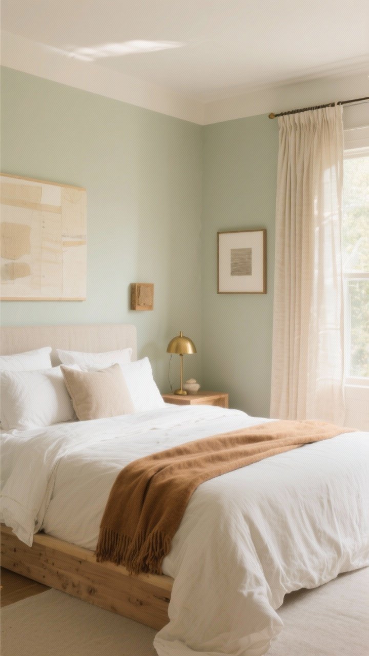 Medium shot highlighting a soothing color palette: pale sage or warm cream walls, neutral bedding in oat or layered ivory, subtle wood accents, and a caramel throw or brass lamps depending on the mood; show one coherent scheme (e.g., Fresh and airy: pale sage walls + white bedding + natural linen curtains); art and a few small accents add personality while large items stay neutral; soft afternoon light, slight corner perspective, photorealistic.