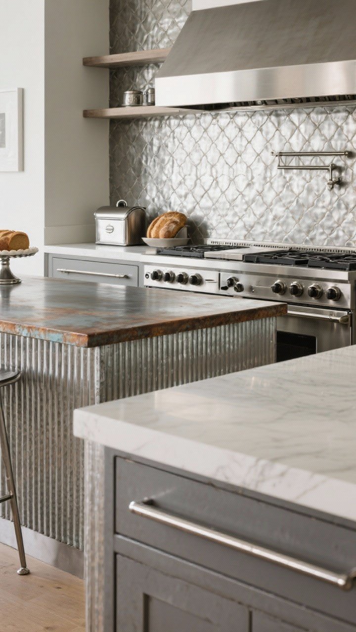 Medium shot highlighting metal accents: stainless steel countertop segment with a brushed finish, a zinc-topped island with soft patina, and laminate counters edged with chrome ribbed metal; a pressed tin backsplash panel behind the range; small metal accessories like a breadbox and cake stand adding shine; balanced, reflective lighting, photorealistic.