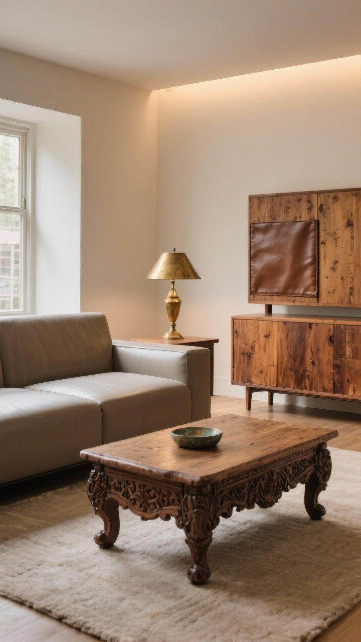 Medium shot highlighting mix of vintage and modern: a sleek modern low-profile sofa paired with a vintage carved wood coffee table and a patinaed brass table lamp; a vintage wood sideboard with subtle wear; repeated materials—warm wood tones and leather accents appear at least twice; neutral palette with warm accents; soft, indirect lighting for a curated, collected feel.