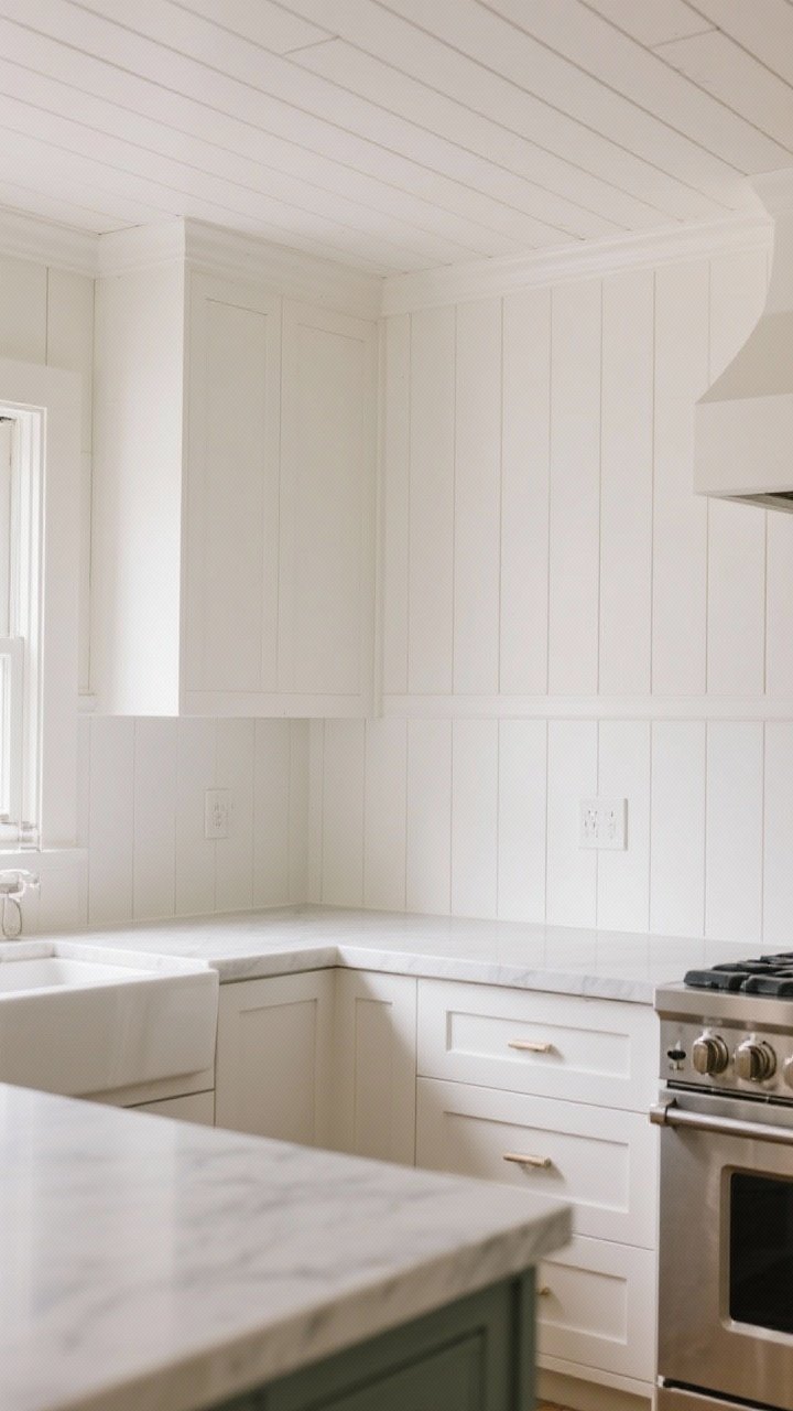 Medium shot highlighting wall paneling: beadboard backsplash painted soft white behind a prep zone, shiplap island back in a slightly warmer white to resist scuffs, and a glimpse of v-groove ceiling boards drawing the eye upward; finishes sealed with a gentle sheen for washability; neutral, even lighting, photographed from a low corner angle to showcase texture and lines.