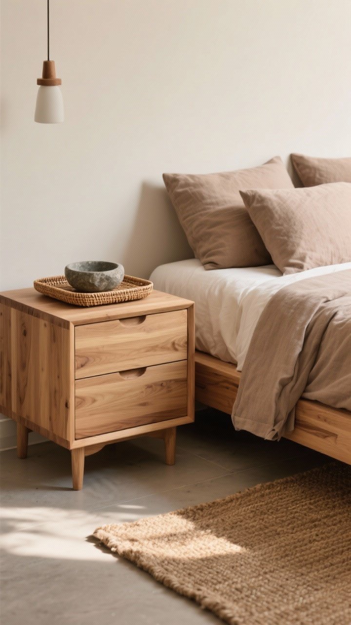 Medium shot highlighting wood and natural materials: oak or ash nightstands, a rattan tray holding a stone catch-all bowl, muted fabric bedding in warm neutrals; two consistent wood tones only, a warm wool or jute rug softening cool flooring; gentle afternoon light for a grounded, spa-like vibe, photorealistic.
