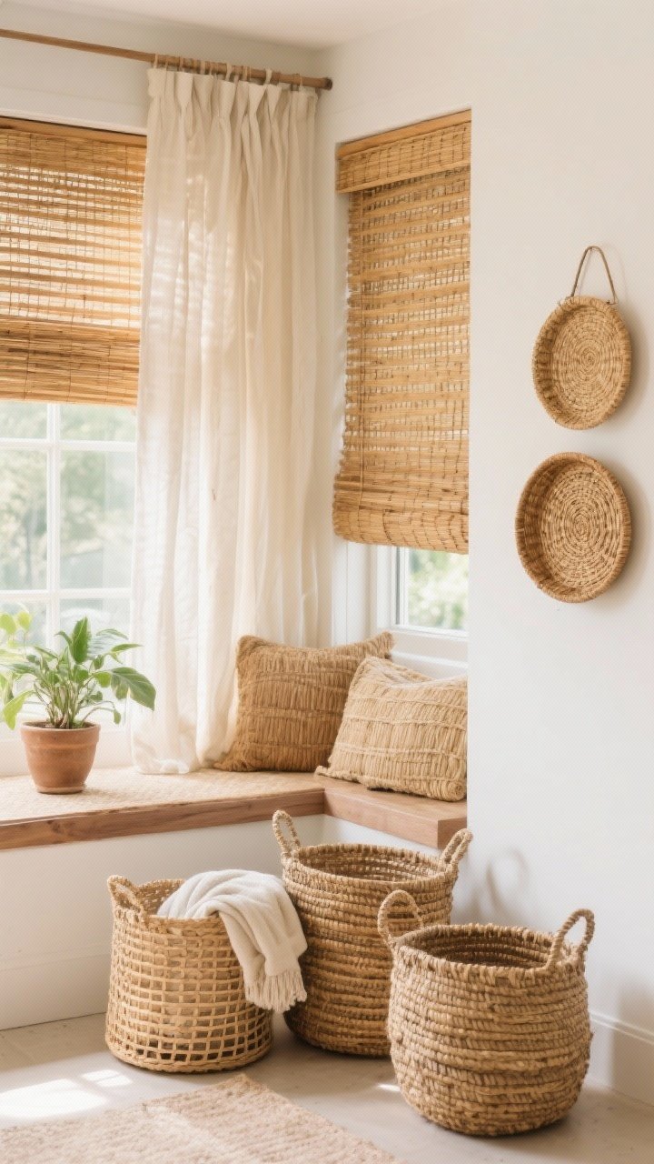 Medium shot highlighting woven and natural fibers: a bright nook with layered woven wood shades behind airy linen curtains, a trio of baskets (open weave and tight coil) holding blankets and a potted plant, and a rattan tray mounted as wall art; tones repeated in straw, honey, and walnut for cohesion; subtle texture everywhere without bold patterns; gentle daytime light; angled perspective from the room corner.