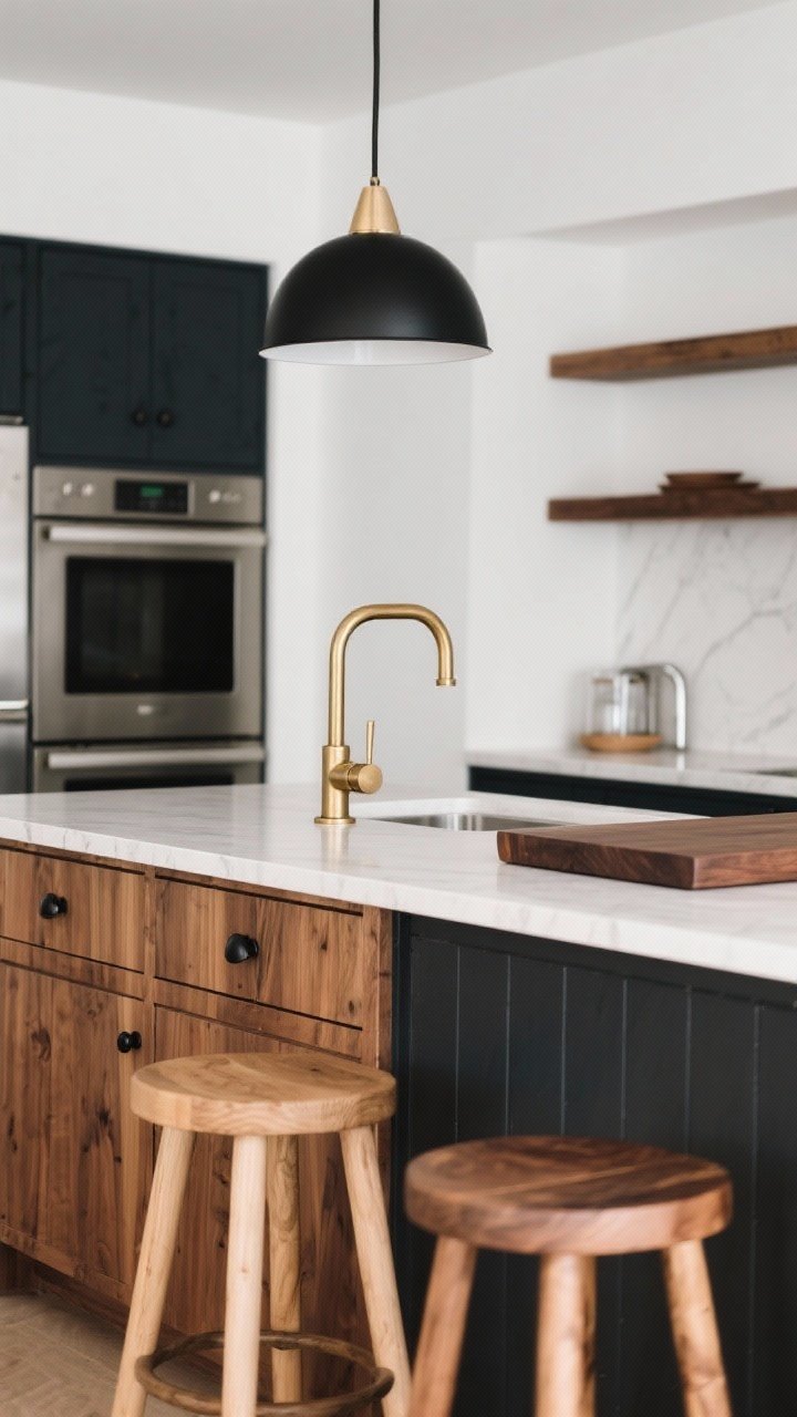 Medium shot: Intentional mix of metals and wood tones around an island. Brushed brass faucet and drawer pulls establish the main metal, with black hardware or a black pendant as the grounding secondary, and a touch of polished nickel/stainless in a small accessory (appliances in background, not counted). Two wood tones repeat: light oak stools and a darker walnut board on the counter, echoed by a shelf. Side perspective ensuring each finish appears at least twice for a curated look.
