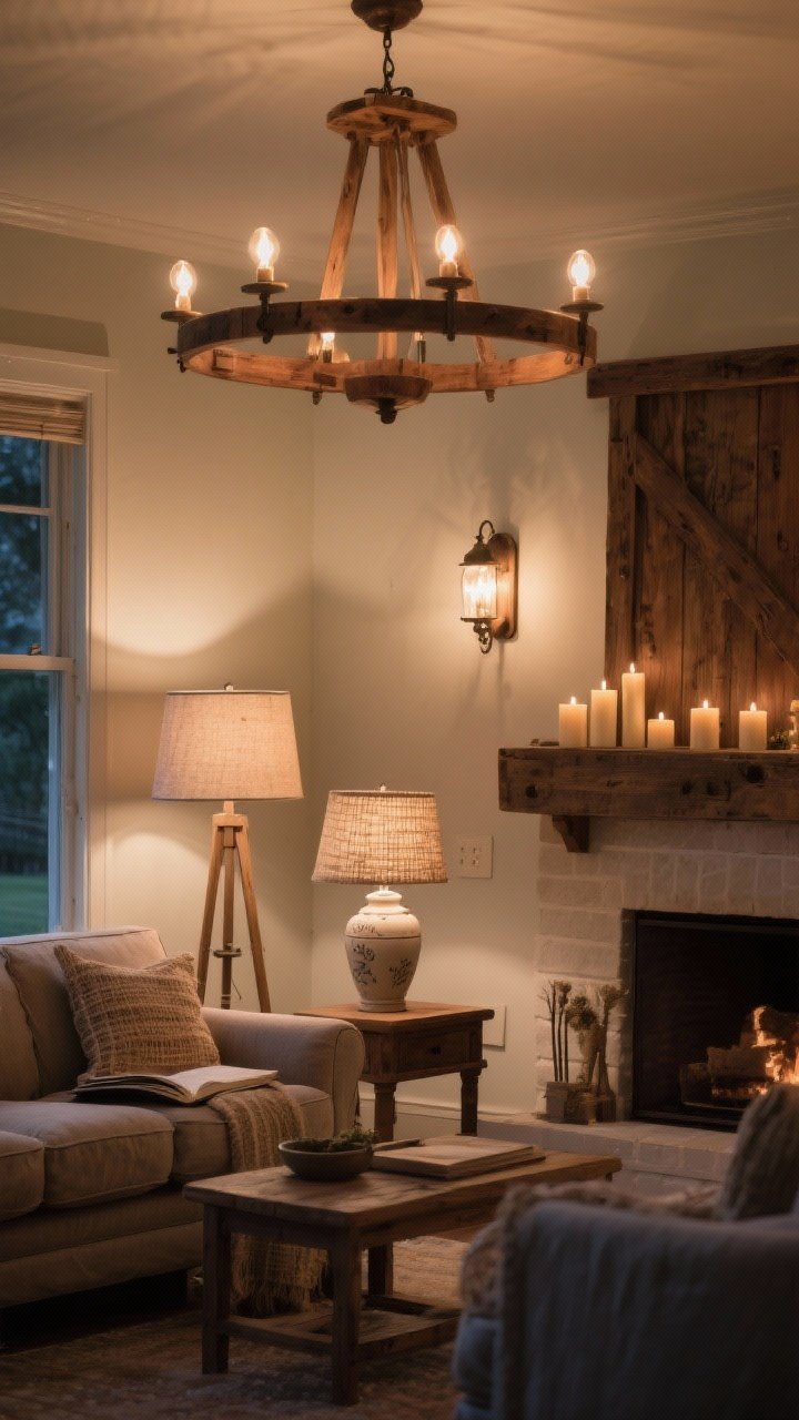 Medium shot: Layered, low-key lighting in a farmhouse living room—warm wood chandelier overhead (dimmable), a reading floor lamp with a linen shade by the sofa, and two ceramic table lamps with natural fiber shades on side tables; wall sconces softly aglow and flameless candles on the mantle; bulbs set to 2700K for warmth; evening ambience with balanced pools of light, no harsh glare; straight-on composition capturing the lighting hierarchy.